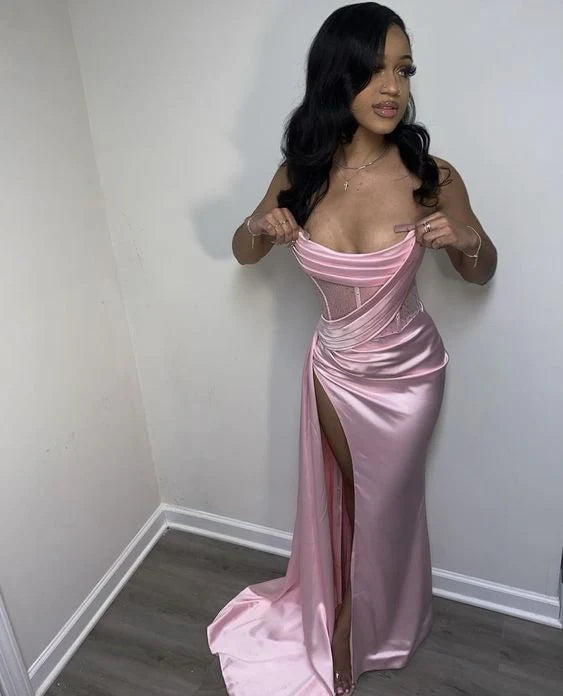 Pink Elegant Strapless High Slit Long Tight Prom Dress Evening Dress Secondary image