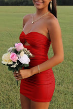 Strapless Sweetheart Keyhole Pleated Satin Tight Party Homecoming Dress