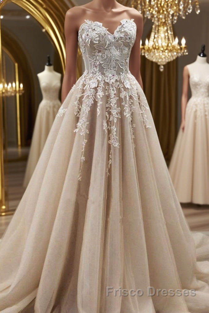 Strapless Sweetheart Neck Champagne Lace Appliques Long Formal Prom Dresses, Champagne Lace Floral Formal Evening Dresses
