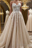 Strapless Sweetheart Neck Champagne Lace Appliques Long Formal Prom Dresses, Champagne Lace Floral Formal Evening Dresses