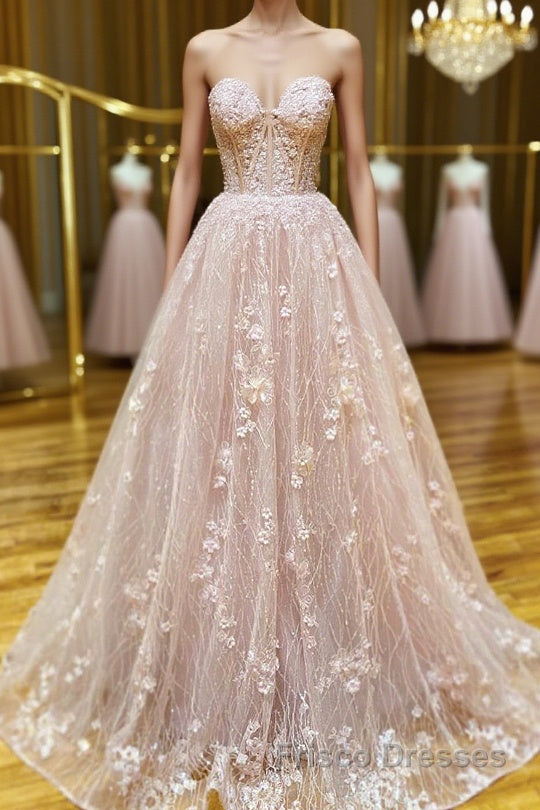 Strapless Sweetheart Neck Pink Lace Long Formal Prom Dresses, Pink Lace Formal Graduation Evening Dresses Main image