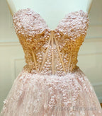 Strapless Sweetheart Neck Pink Lace Long Formal Prom Dresses, Pink Lace Formal Graduation Evening Dresses