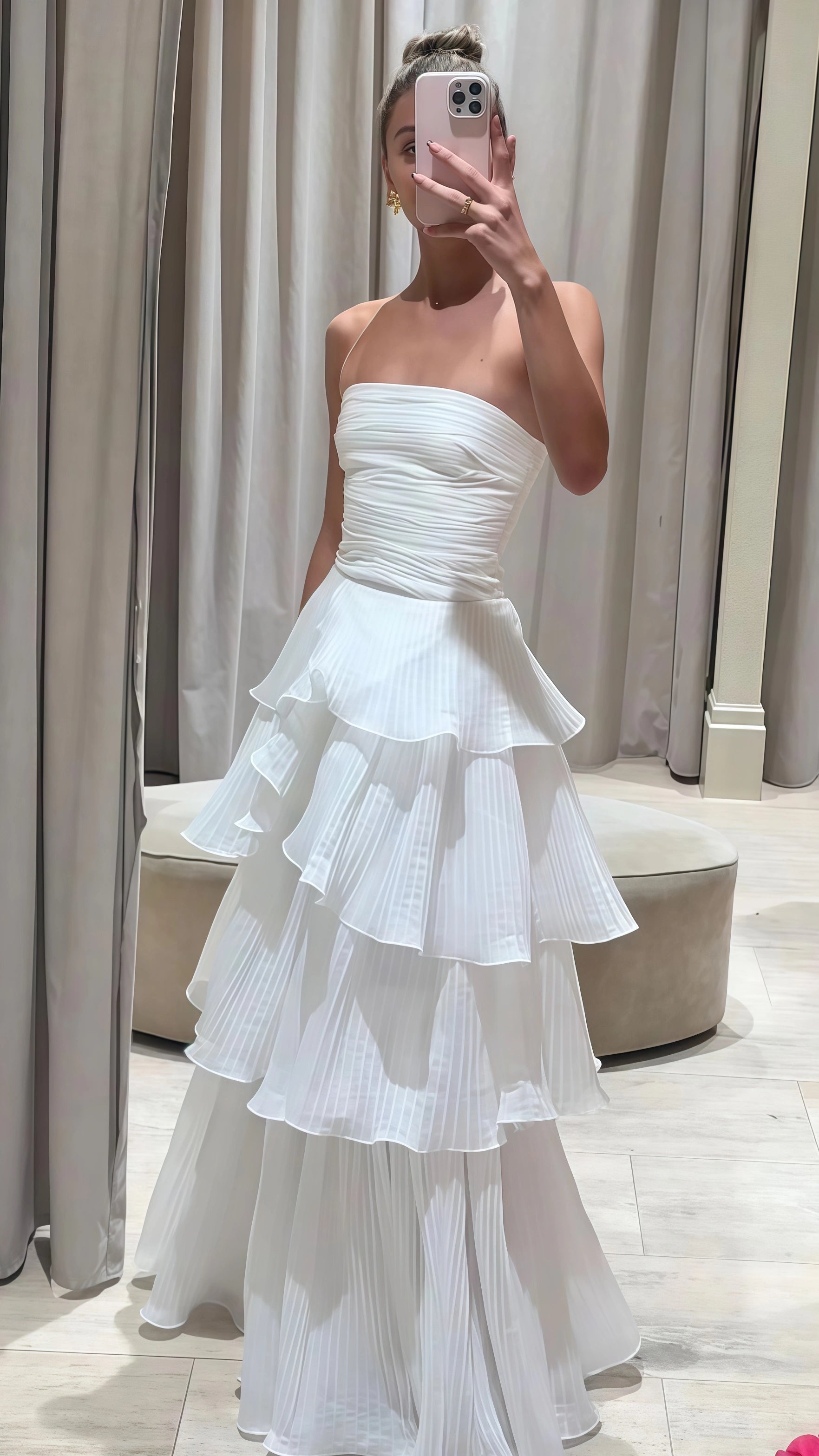 Strapless White Pleated Layers Long Prom Dress Sleeveless Evening Gown Secondary image