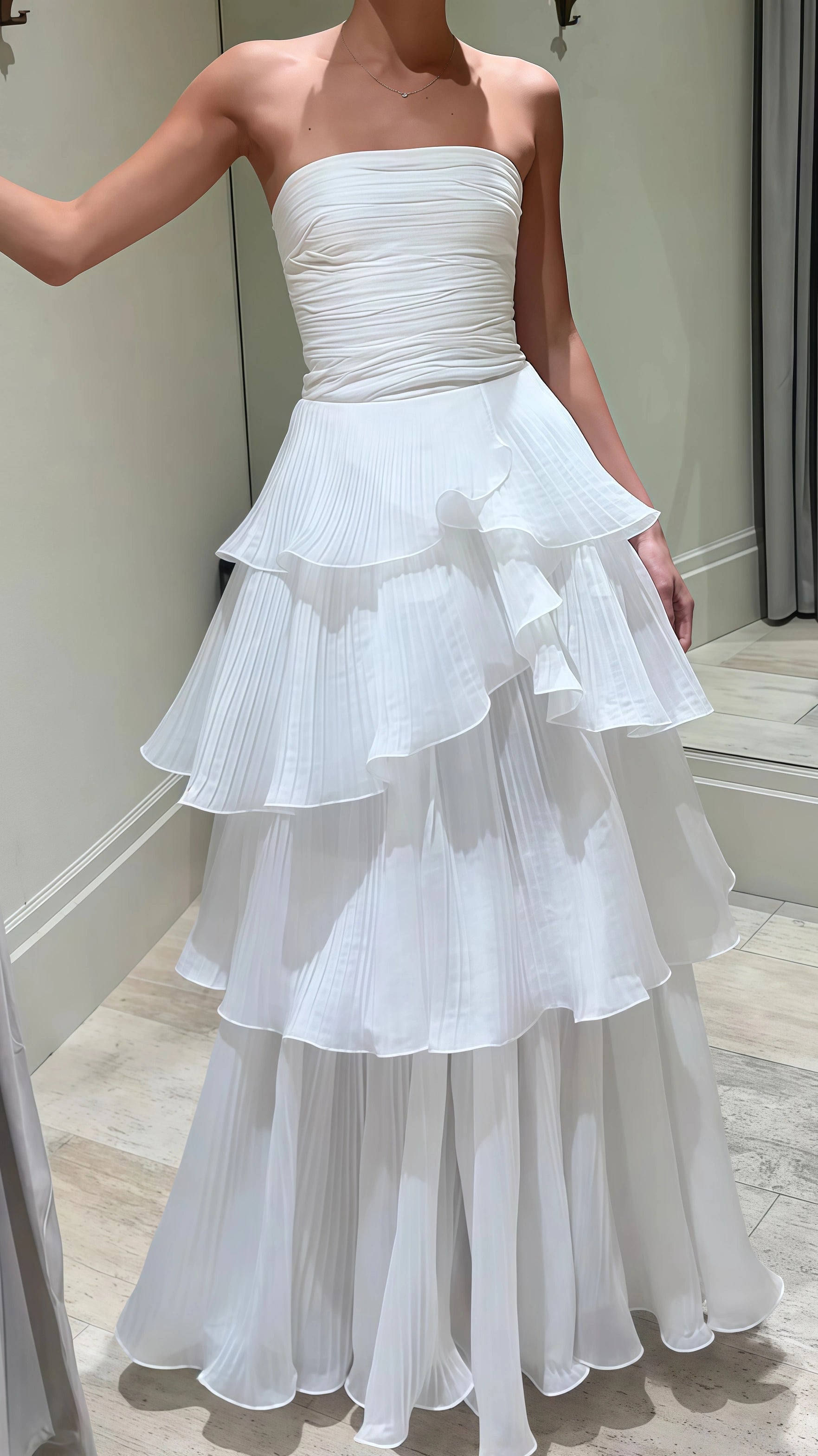 Strapless White Pleated Layers Long Prom Dress Sleeveless Evening Gown Main image