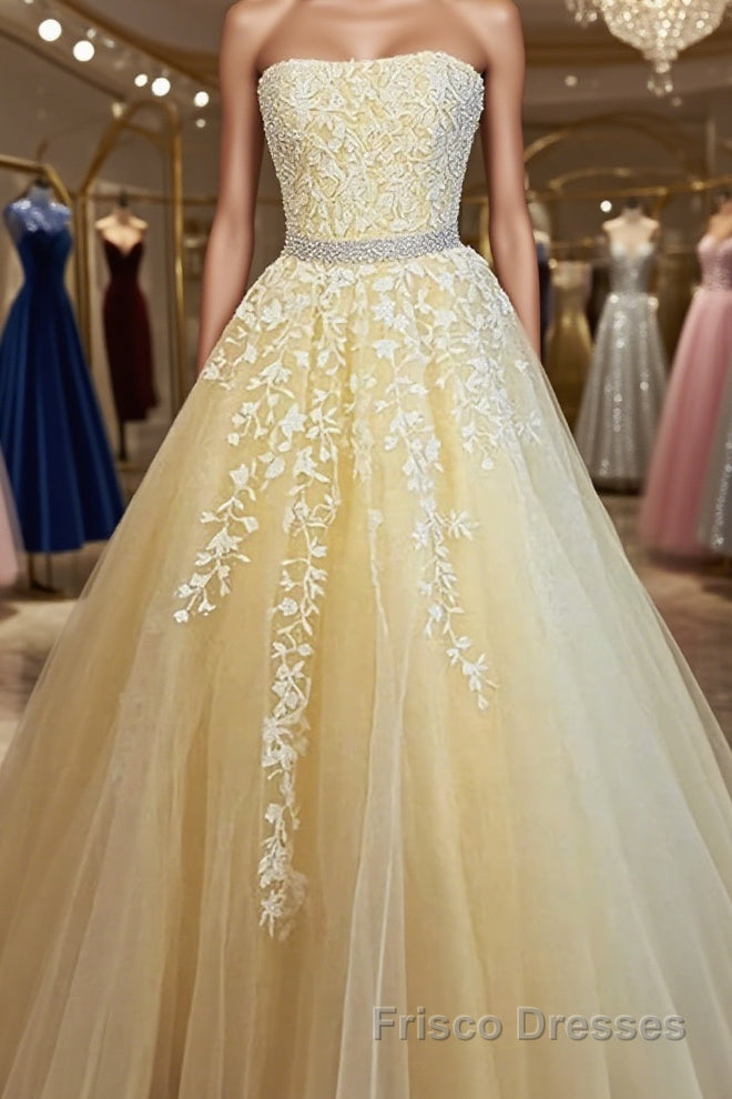 Strapless Yellow Lace Long Formal Prom Dresses, Yellow Lace Formal Evening Dresses Main image