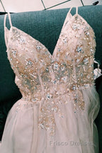 Straps A-Line Beading Rose Wood Formal Prom Dress with Crystal