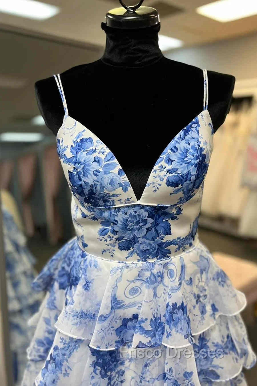 Straps Blue Floral Print High Slit Ruffled Formal Prom Dress Secondary image