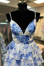 Straps Blue Floral Print High Slit Ruffled Formal Prom Dress