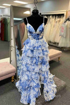 Straps Blue Floral Print High Slit Ruffled Formal Prom Dress