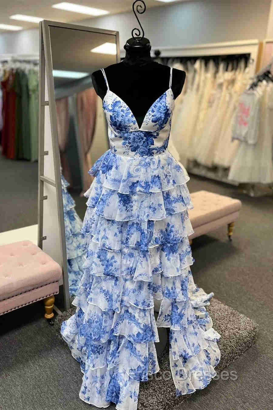 Straps Blue Floral Print High Slit Ruffled Formal Prom Dress