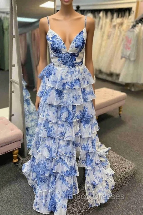 Straps Blue Floral Print High Slit Ruffled Formal Prom Dress