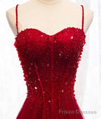 Straps Dark Red Beaded Sweetheart Long Formal Dress, Junior Prom Dress