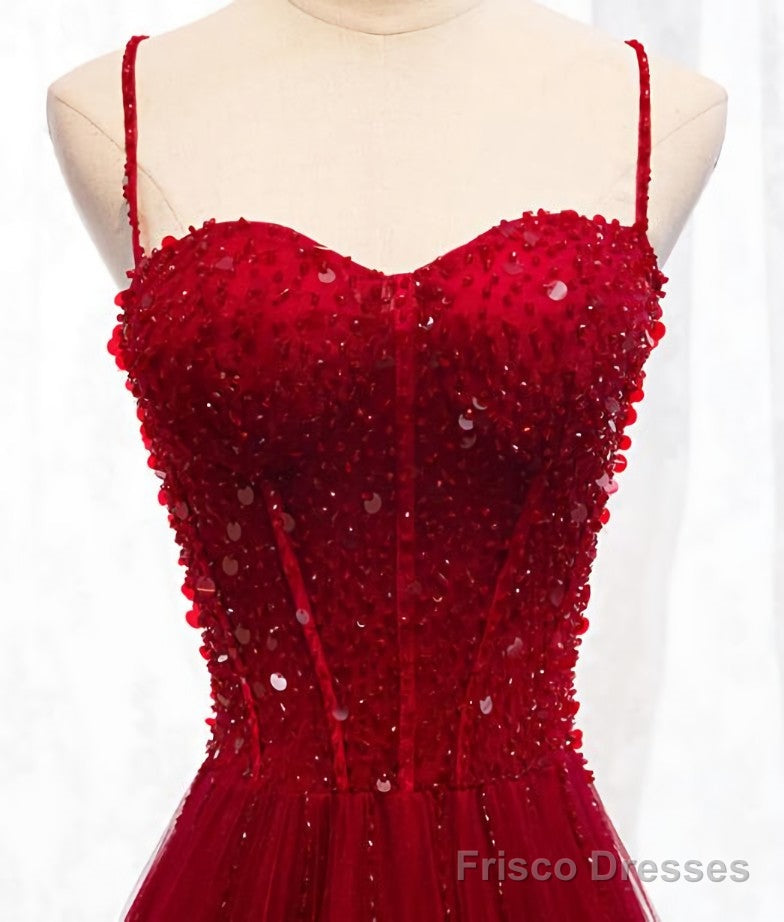 Straps Dark Red Beaded Sweetheart Long Formal Dress, Junior Prom Dress