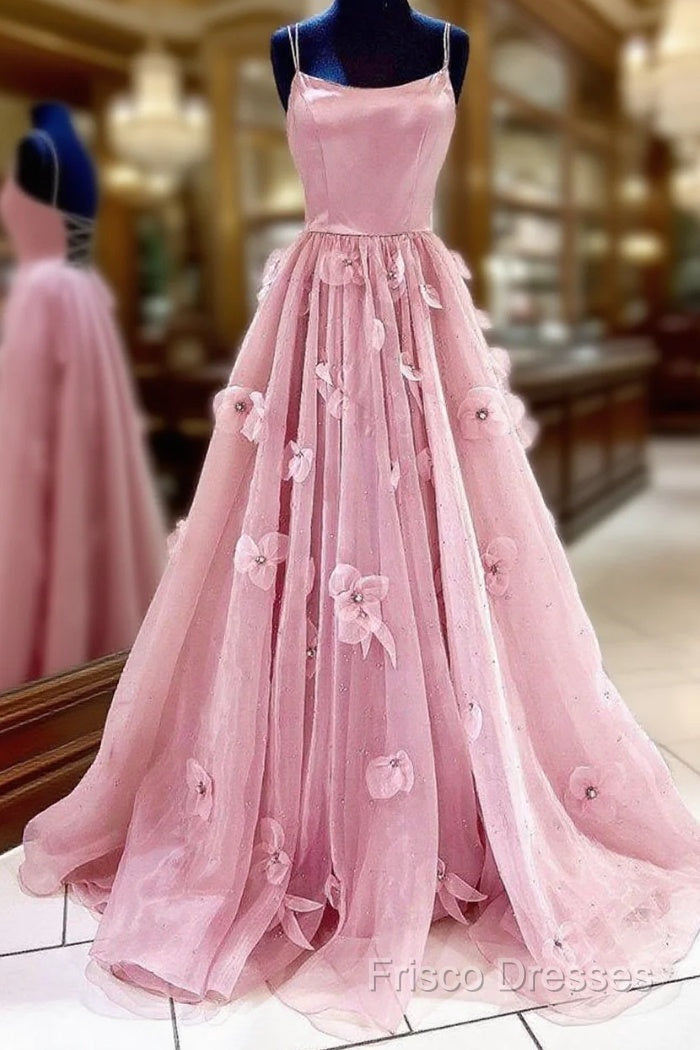 Straps Flower Cross Criss Pink Satin Double Back Formal Prom Dress