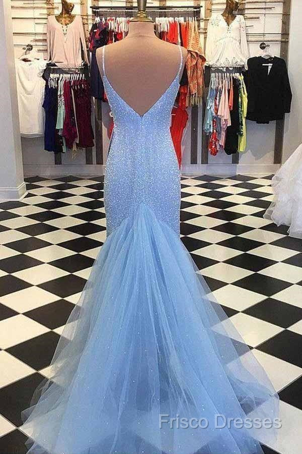 Straps Light Blue Mermaid Formal Prom Dress Beaded Backless Formal Dress Secondary image