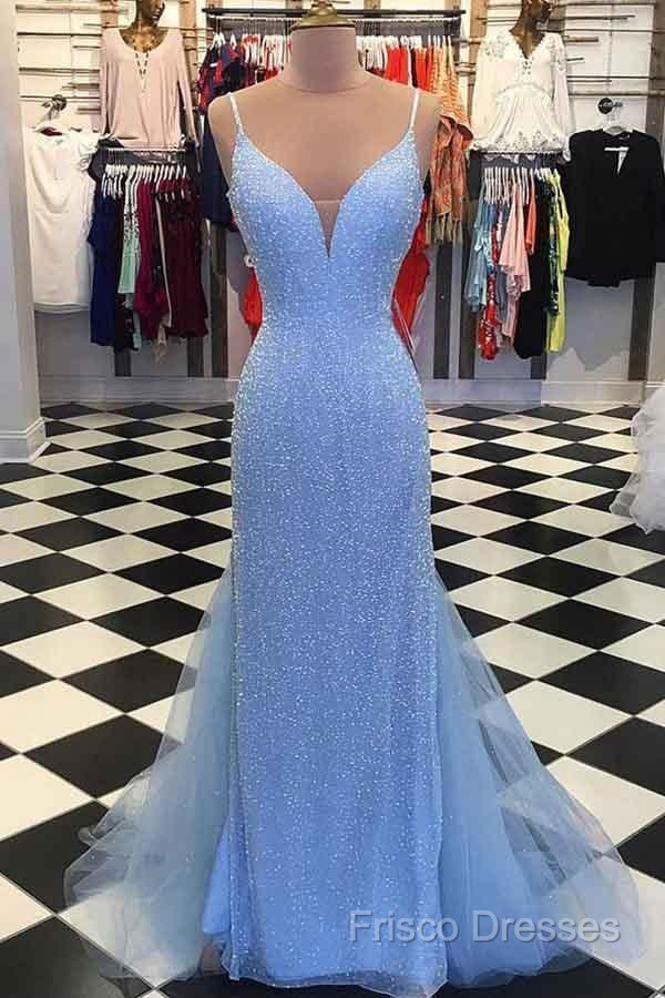 Straps Light Blue Mermaid Formal Prom Dress Beaded Backless Formal Dress