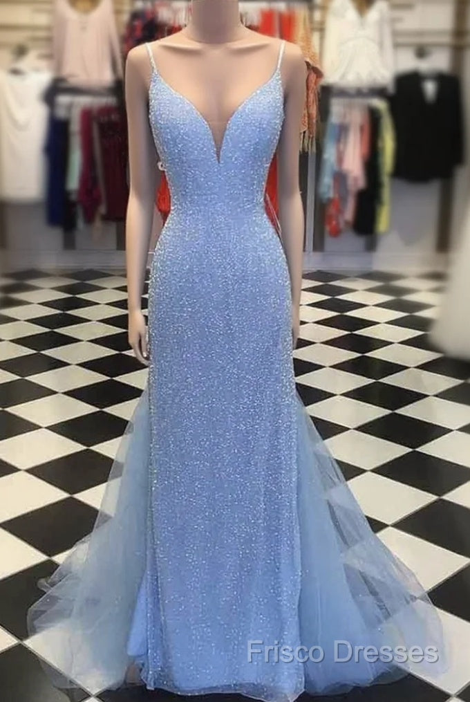 Straps Light Blue Mermaid Formal Prom Dress Beaded Backless Formal Dress Main image