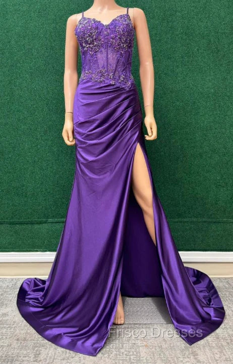 Straps Mermaid Long Formal Prom Dress With Lace Top And Skirt Slit