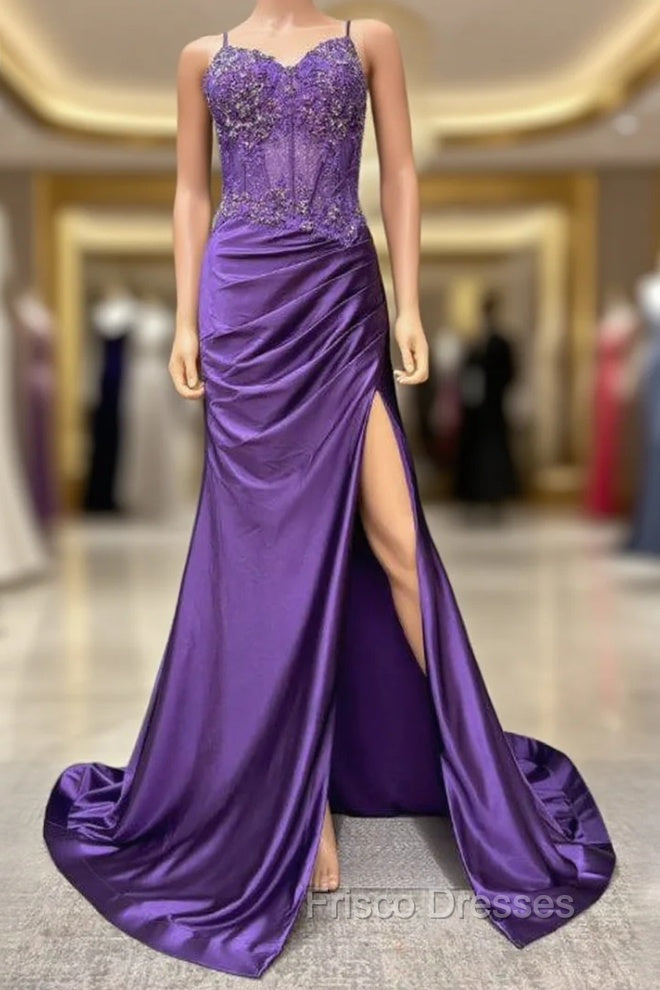 Straps Mermaid Long Formal Prom Dress With Lace Top And Skirt Slit