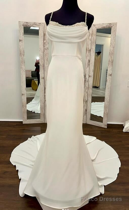 Straps Open Back Mermaid Wedding Dress With Pearls