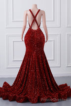 Straps Red Beading Sequin Prom Dresses Mermaid Long Party Dresses