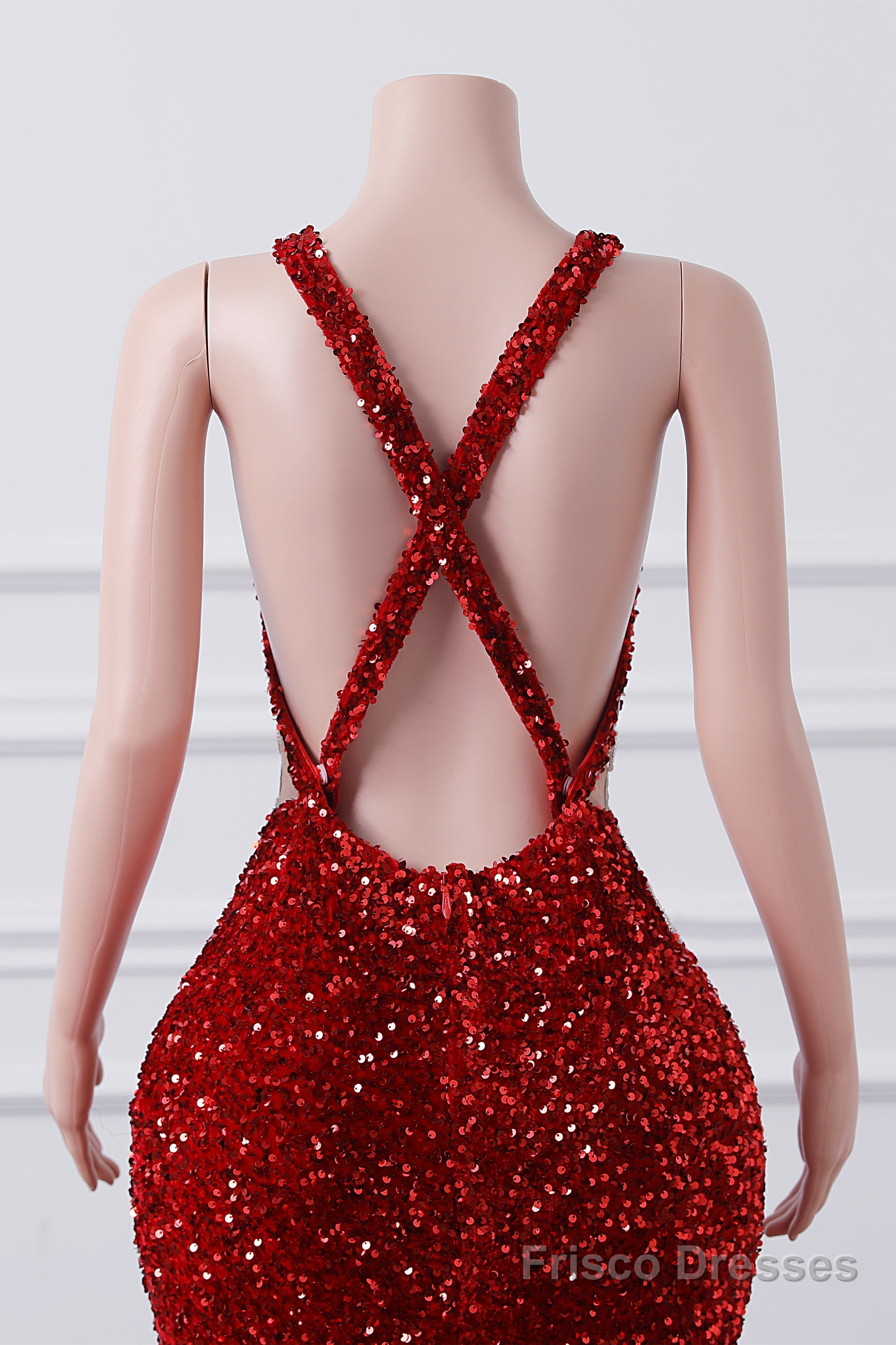 Straps Red Beading Sequin Prom Dresses Mermaid Long Party Dresses