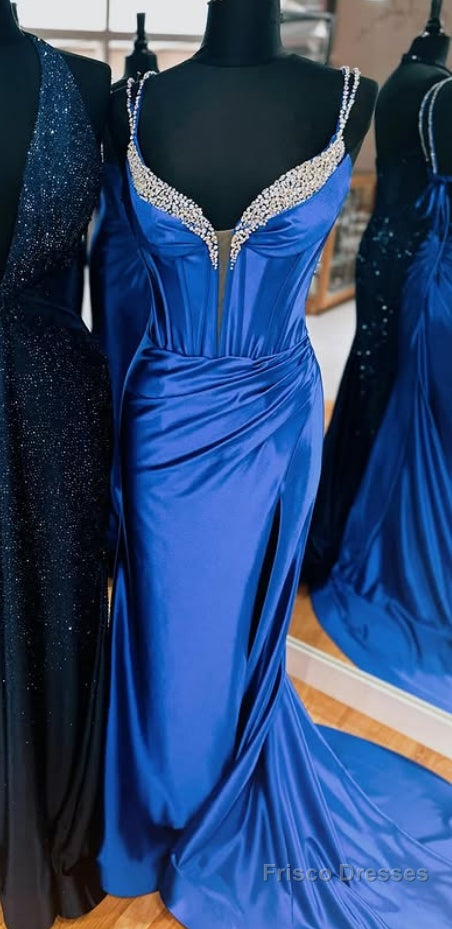 Straps Royal Blue Long Prom Dresses with Beading Main image