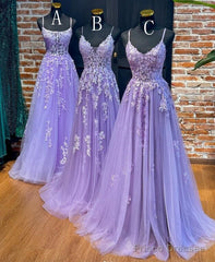 Straps Violet Purple Prom Dresses Lace Tulle Long A-Line Dress