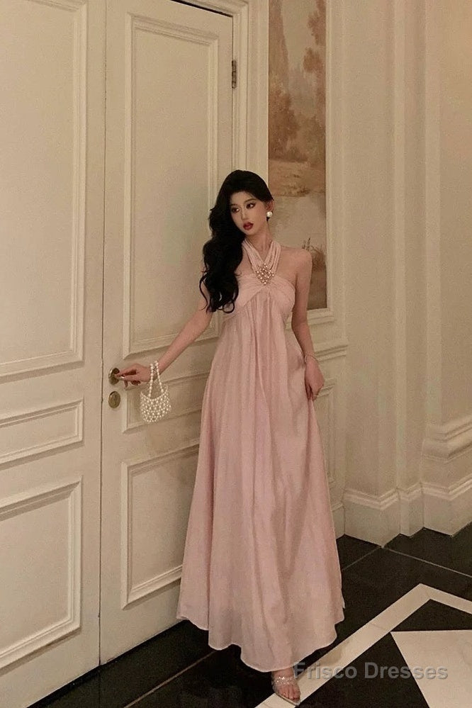 Stunning A Line Halter Neckline Long Date Night Dress Pink Prom Dresses Birthday Outfit