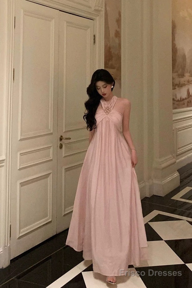 Stunning A Line Halter Neckline Long Date Night Dress Pink Prom Dresses Birthday Outfit Main image