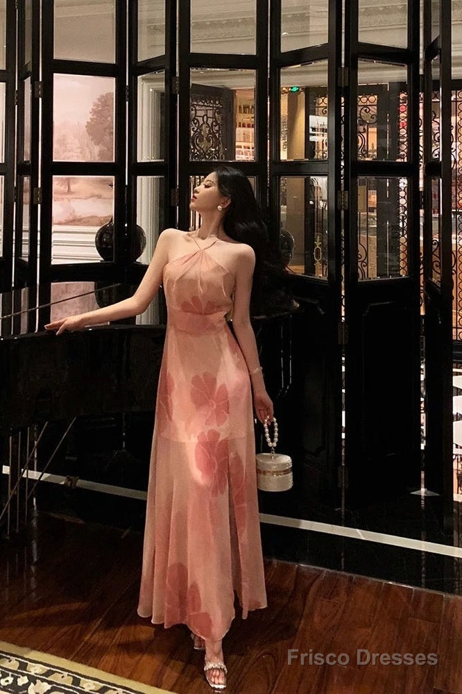 Stunning A Line Halter Sleeveless Pink Floral Date Night Dress Prom Dresses Birthday Party Outfit Secondary image