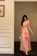 Stunning A Line Halter Sleeveless Pink Floral Date Night Dress Prom Dresses Birthday Party Outfit