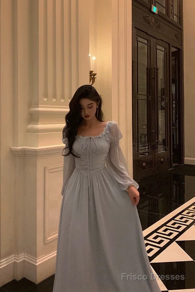 Stunning A Line Square Neckline Long Sleeves Chiffon Blue Date Night Dress Prom Dresses Birthday Party Outfit Secondary image