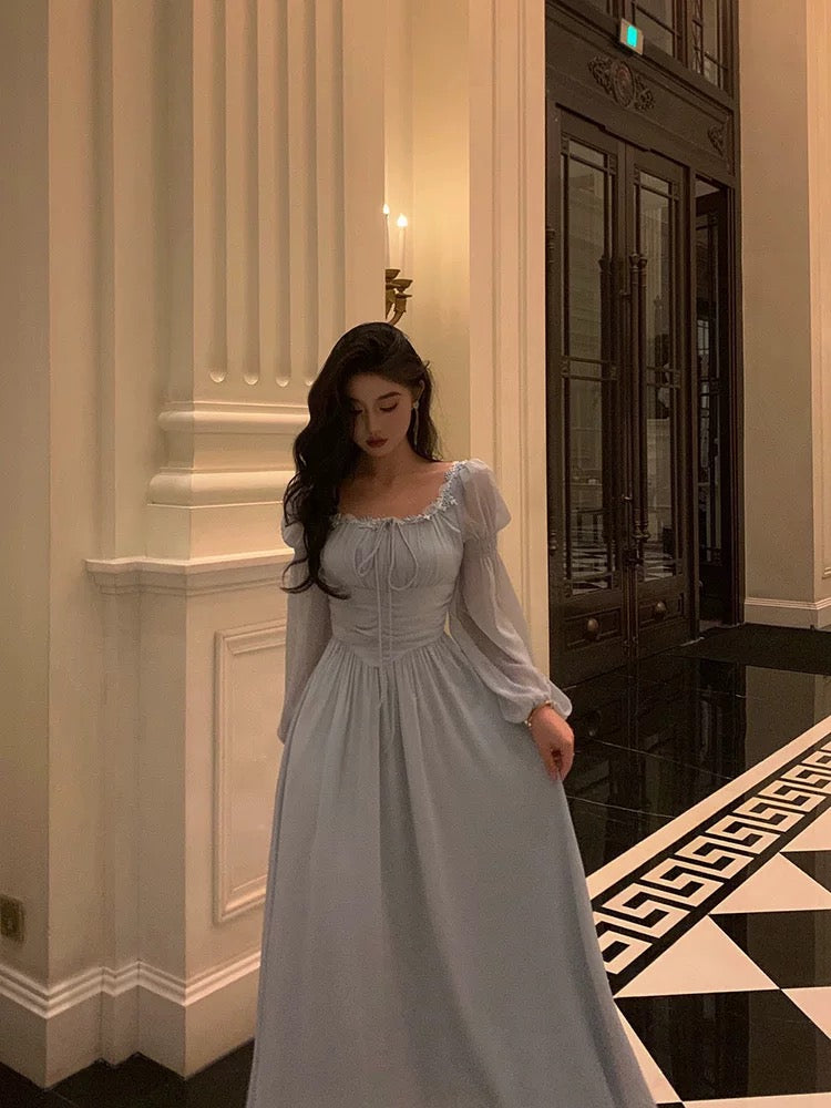 Stunning A Line Square Neckline Long Sleeves Chiffon Blue Date Night Dress Prom Dresses Birthday Party Outfit Secondary image