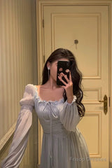 Stunning A Line Square Neckline Long Sleeves Chiffon Blue Date Night Dress Prom Dresses Birthday Party Outfit