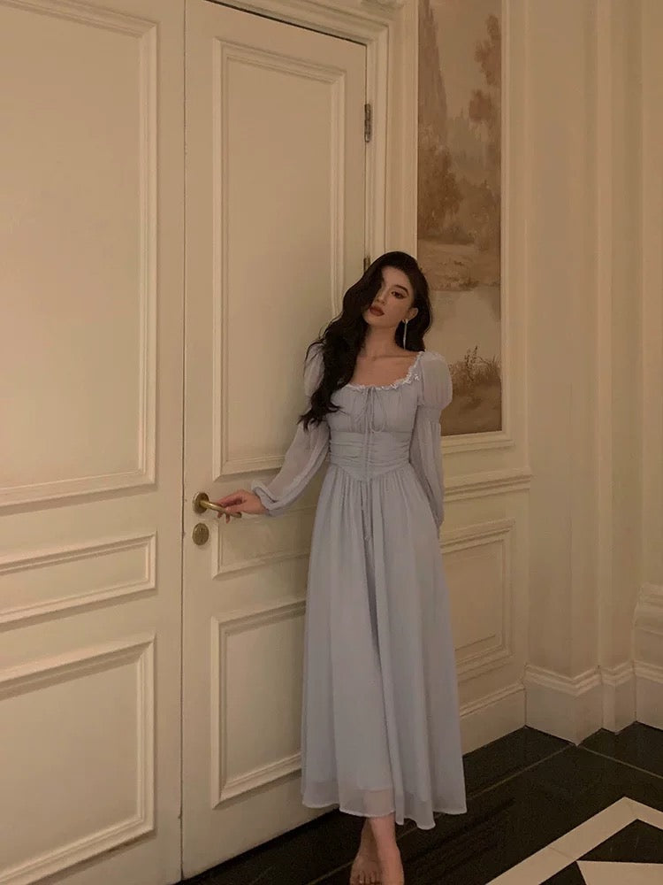 Stunning A Line Square Neckline Long Sleeves Chiffon Blue Date Night Dress Prom Dresses Birthday Party Outfit Main image