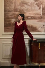 Stunning A Line Square Neckline Long Sleeves Red Velvet Date Night Dress Prom Dresses Birthday Party Outfit
