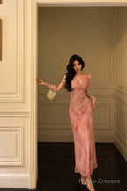 Stunning A Line V Neckline Long Date Night Dress Pink Prom Dresses Birthday Outfit
