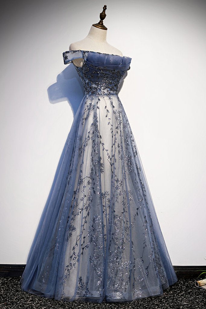 Stunning Blue Tulle Off Shoulder A Line Long Prom Dress, Evening Dress With Sleeve Secondary image