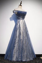 Stunning Blue Tulle Off Shoulder A Line Long Prom Dress, Evening Dress With Sleeve