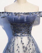 Stunning Blue Tulle Off Shoulder A Line Long Prom Dress, Evening Dress With Sleeve