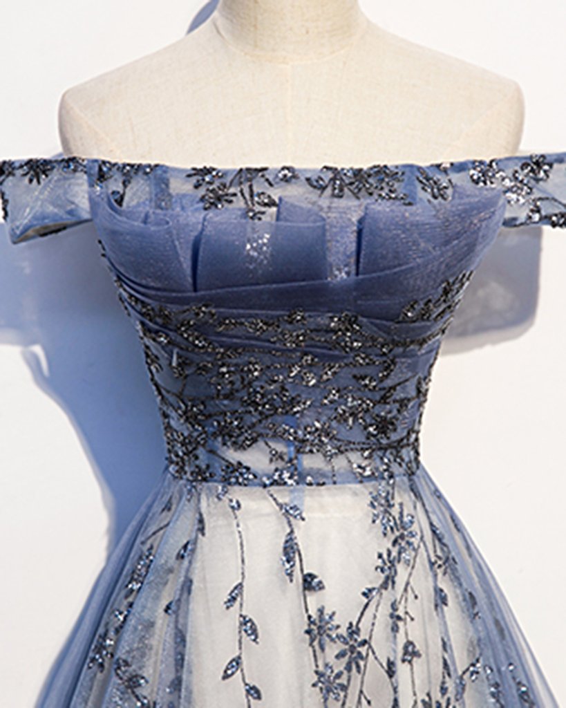 Stunning Blue Tulle Off Shoulder A Line Long Prom Dress, Evening Dress With Sleeve