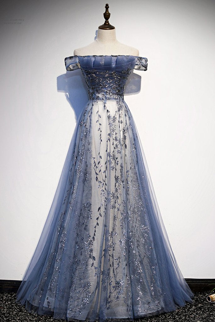 Stunning Blue Tulle Off Shoulder A Line Long Prom Dress, Evening Dress With Sleeve Main image