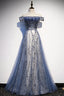Stunning Blue Tulle Off Shoulder A Line Long Prom Dress, Evening Dress With Sleeve