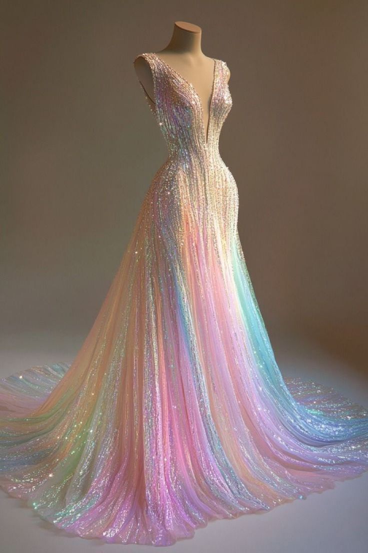 Stunning Colorful V-Neck A-Line Sequined Tulle Long Prom Dresses Main image