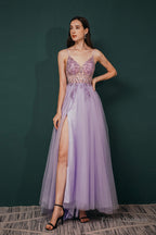 Stunning Front Split Spaghetti Straps Long A Line Beaded Prom Dresses