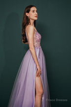 Stunning Front Split Spaghetti Straps Long A Line Beaded Prom Dresses