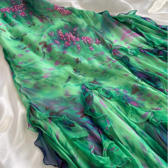 Stunning Green Double-Layered Flying Sleeves And Swaying Neck Chiffon Prom Dress