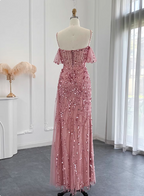 Stunning Pink Spaghetti Strap Slit Sequin Tulle Long Prom Dress Evening Dress