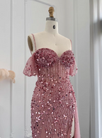 Stunning Pink Spaghetti Strap Slit Sequin Tulle Long Prom Dress Evening Dress